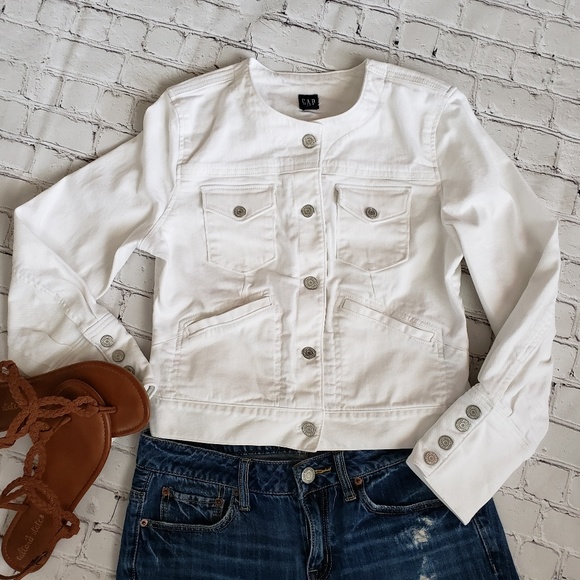 gap collarless denim jacket